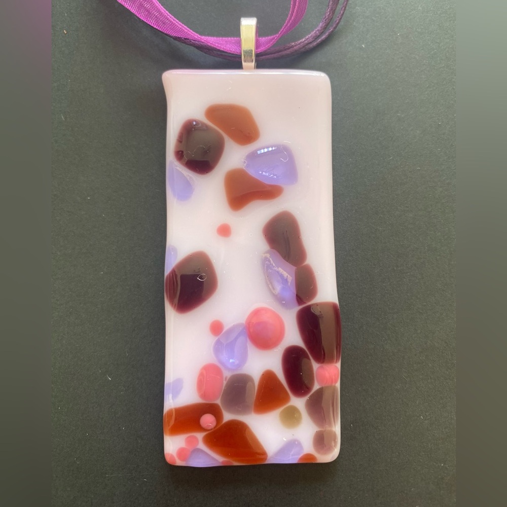 Artisan Multicolor Handmade Fused Glass Pendant Necklace approx 3” long.